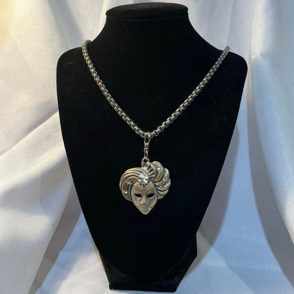 Vintage Jewelry - Vintage Mardi Gras Rhinestone Mask Pendant Necklace